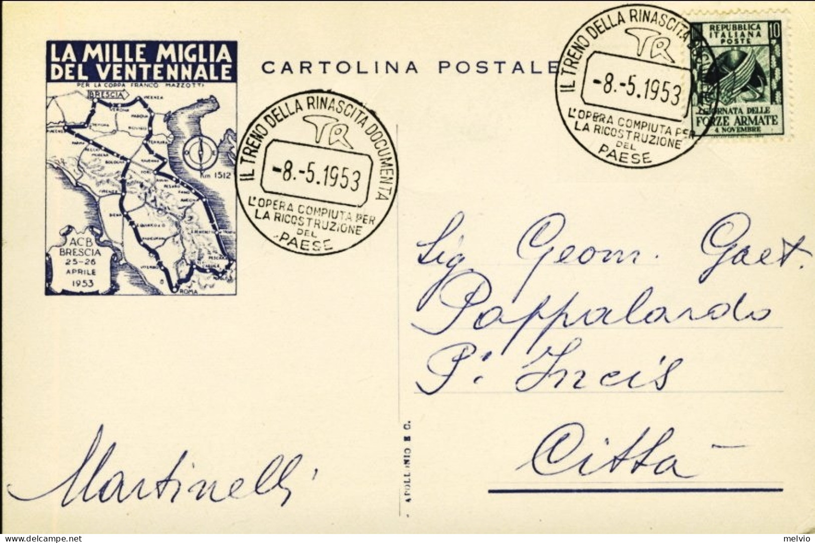 1953-Le Mille Miglia Del Ventennale Cartolina Viaggiata Annullo "Il Treno Della  - Manifestations