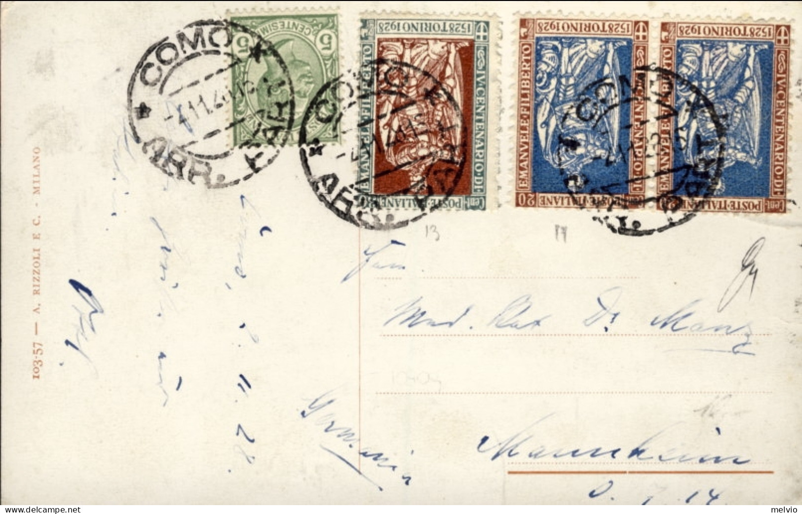 1928-cat.Sassone Euro 220, Coppia 20c.+30c.Emanuele Filiberto Dent.11 Su Cartoli - Poststempel