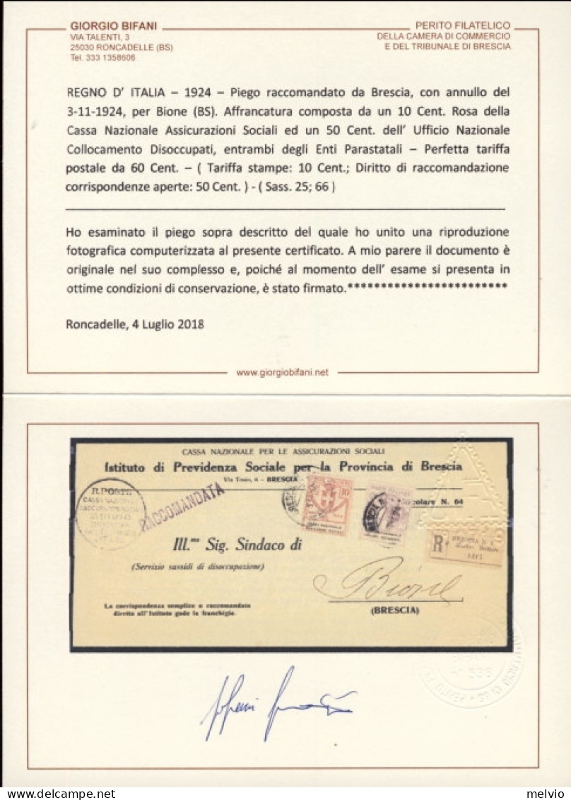 1924-cat.Sassone Euro 630, Parastatali Piego Raccomandato Affr. 10c. Cassa Nazio - Poststempel