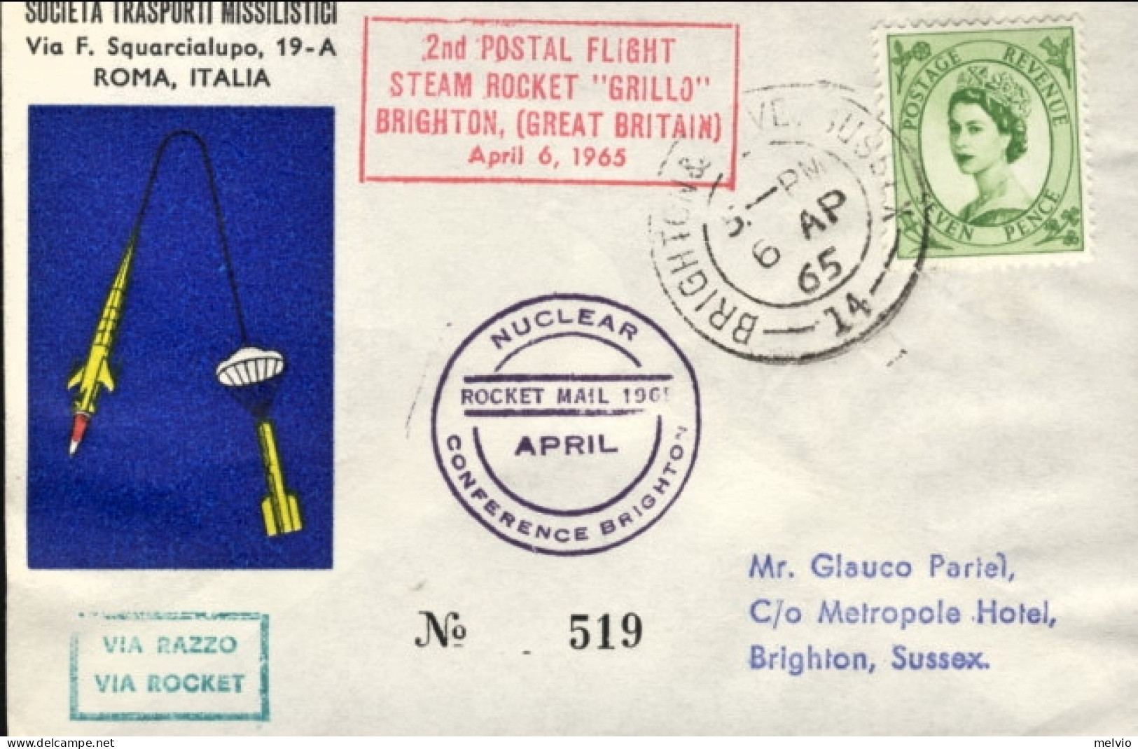 1965-Great Britain Rare Circular Cachet Rocket Mail Nuclear Conference Brighton  - Cartas & Documentos