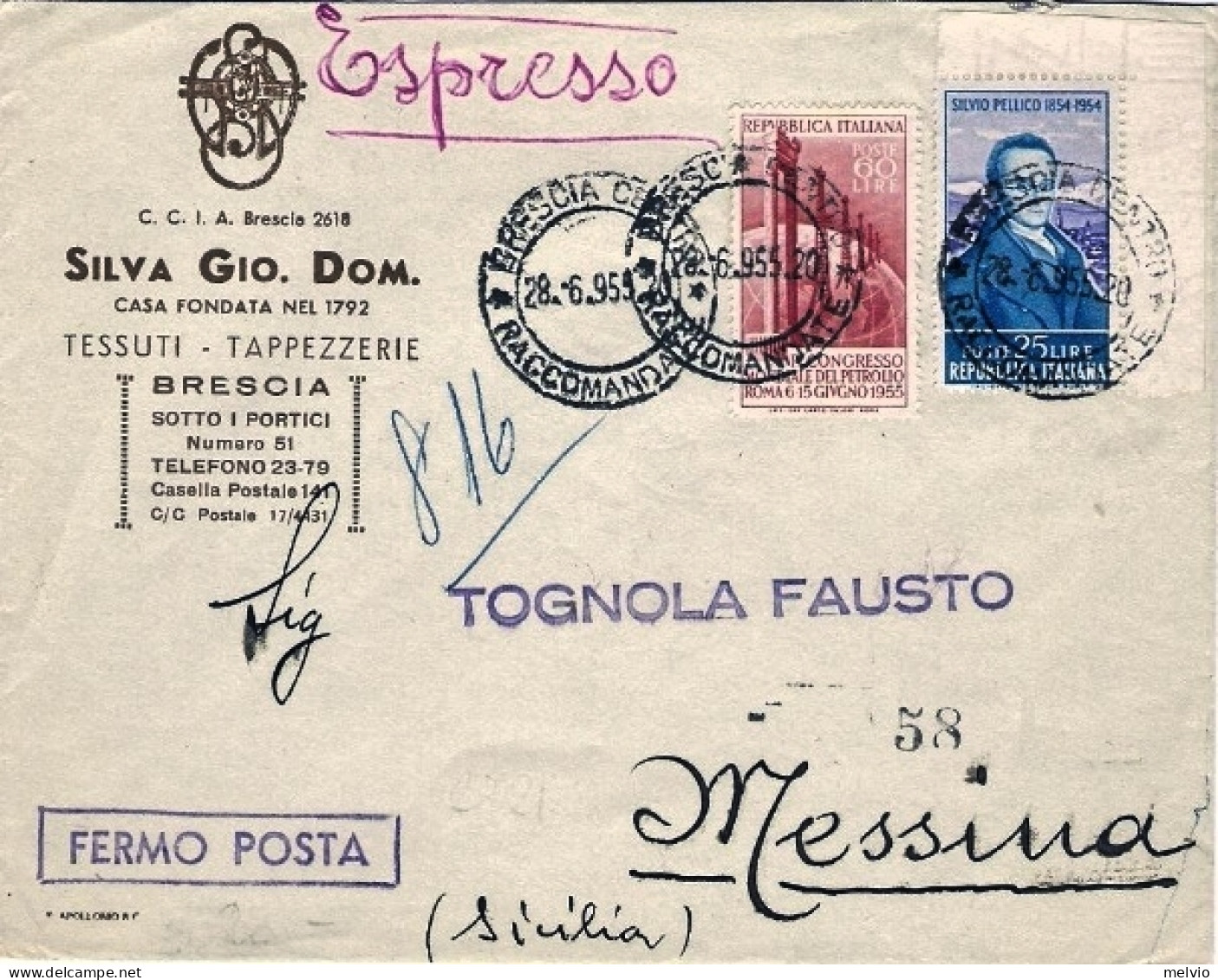 1955-busta Espresso Diretta A Fermo Posta Affr. L.25 Silvio Pellico+L.60 Petroli - 1946-60: Marcophilie