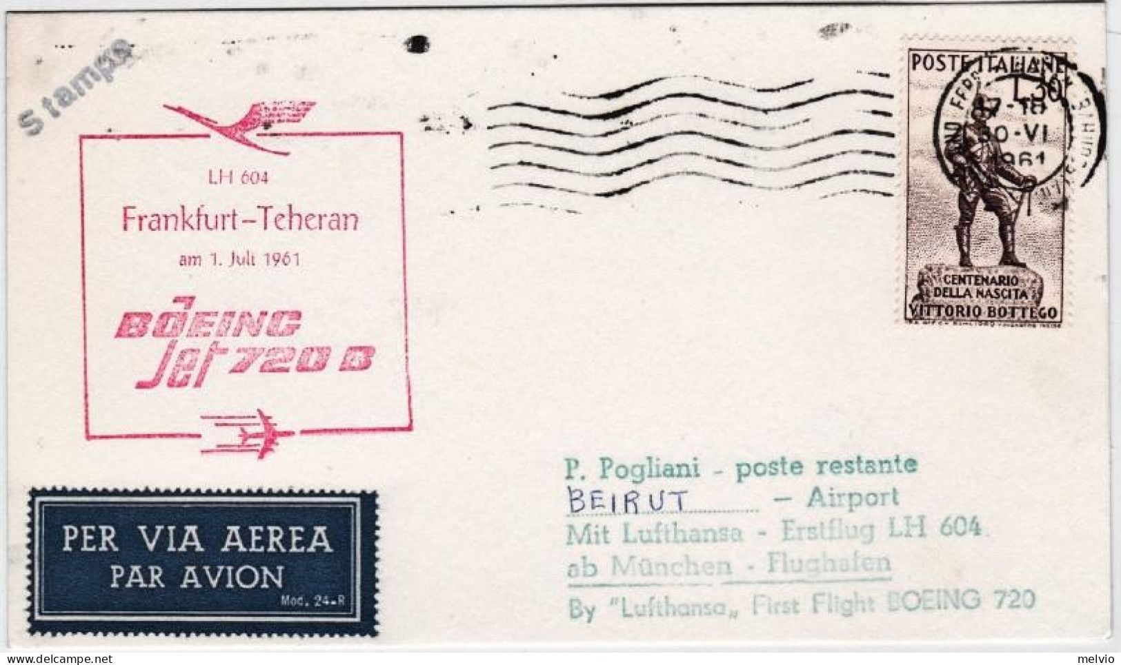 1961-I^volo Lufthansa Boeing Jet 720 B Frankfurt Teheran (Beirut) Del 1 Luglio,  - 1961-70: Marcophilia