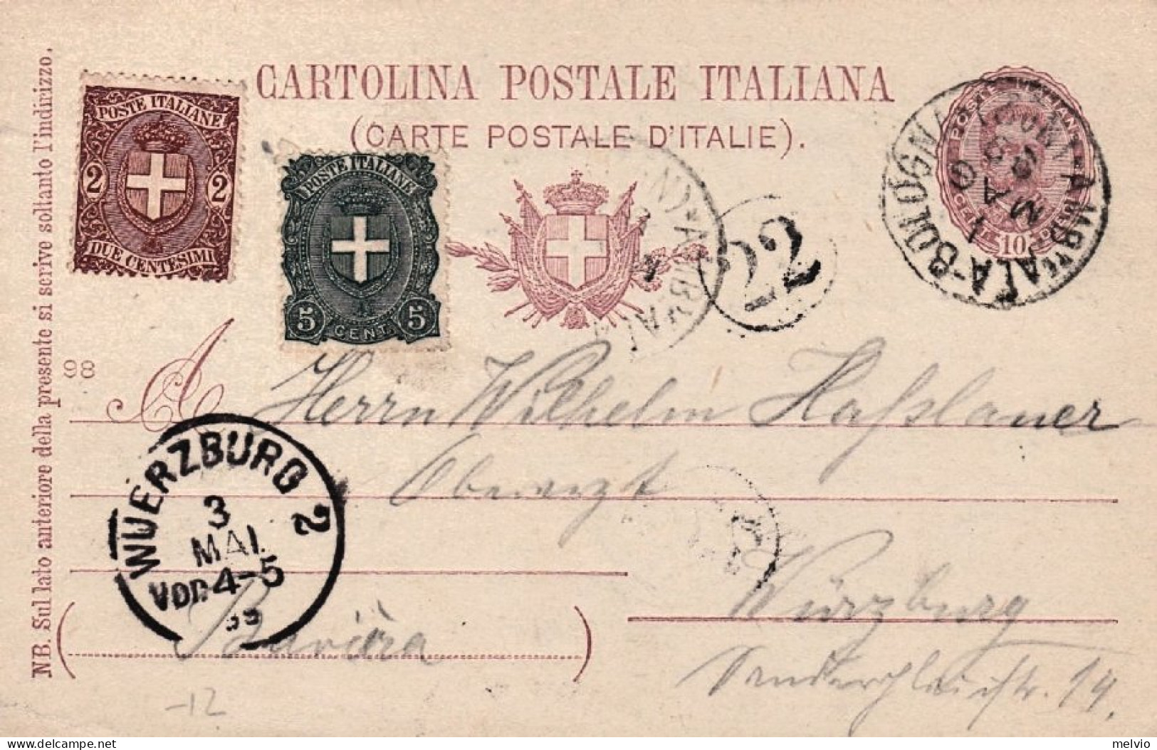 1898-cartolina Postale 10c. Diretta A Wuerzburg Germania, Annullo Di Ambulante - Marcophilie