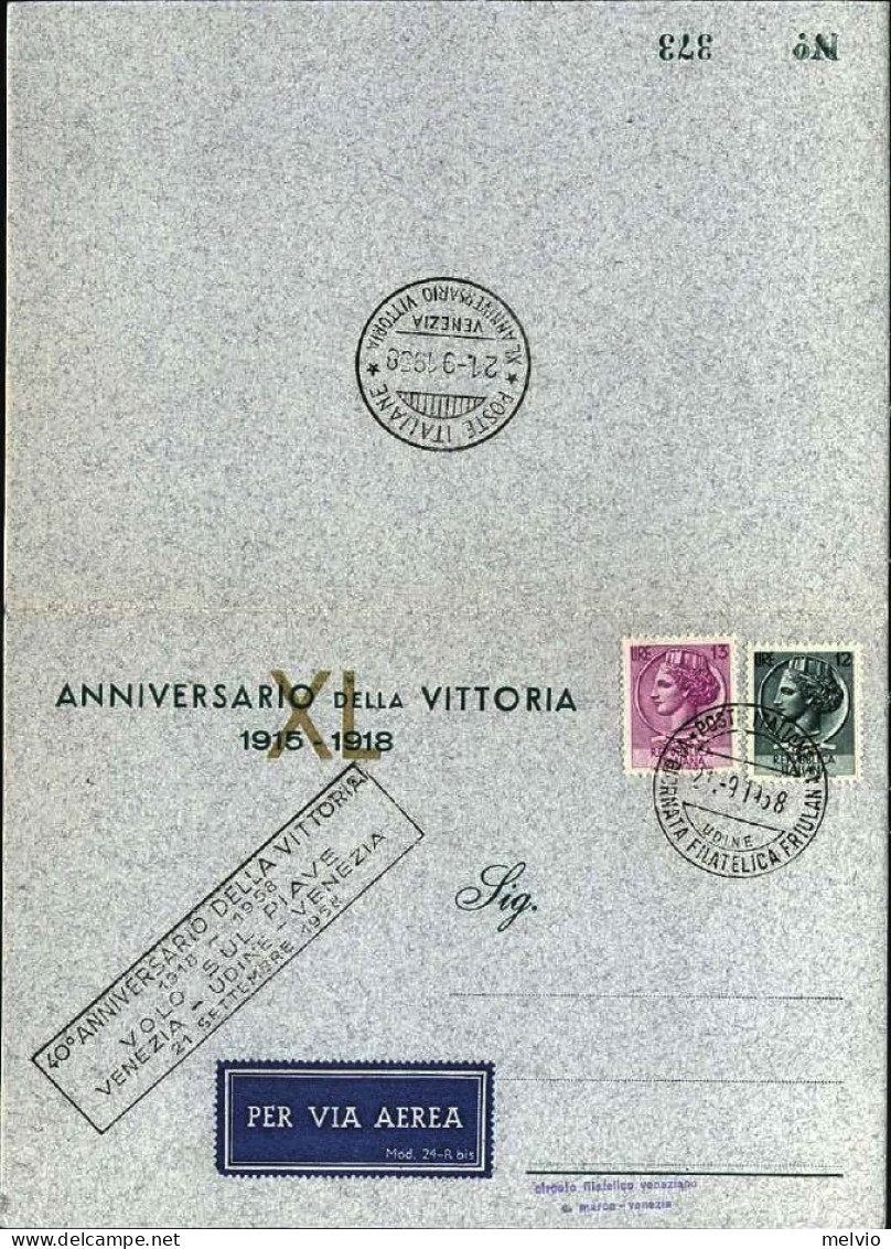 1958-cartoncino Celebrativo Numerato Anniversario Della Vittoria-volo Sul Piave  - 1946-60: Marcofilia