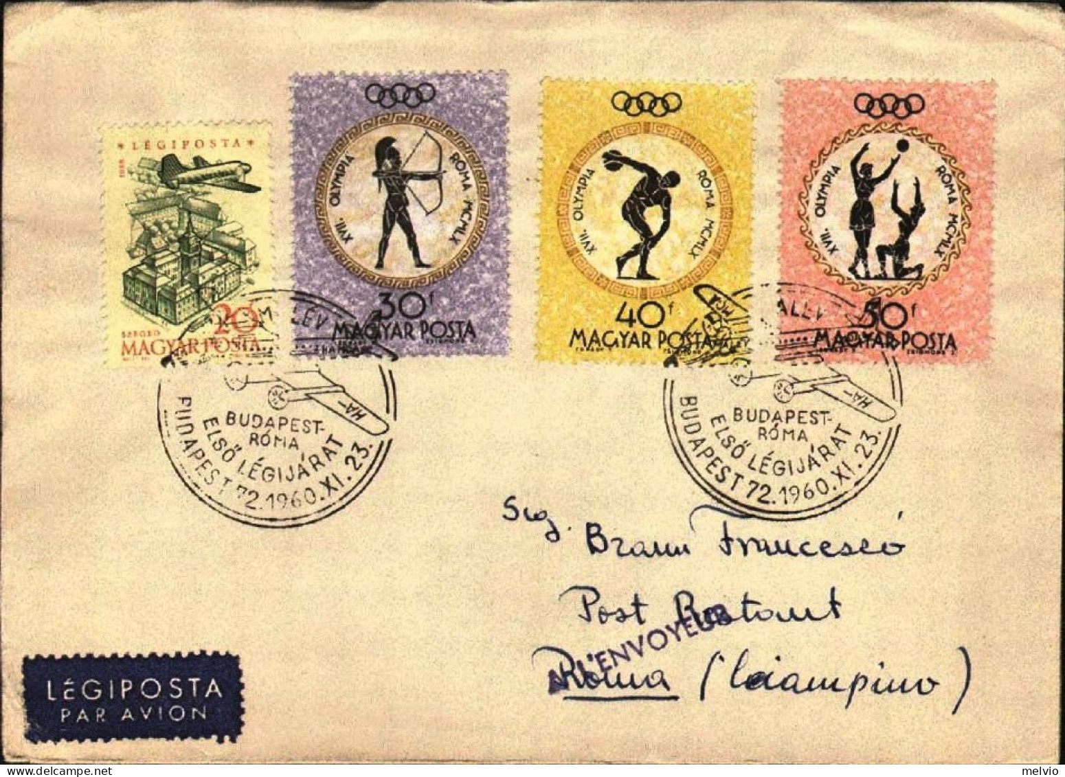 1960-Ungheria Hungary Magyar I^volo Malev Budapest Roma Del 23 Novembre Annullo  - Storia Postale