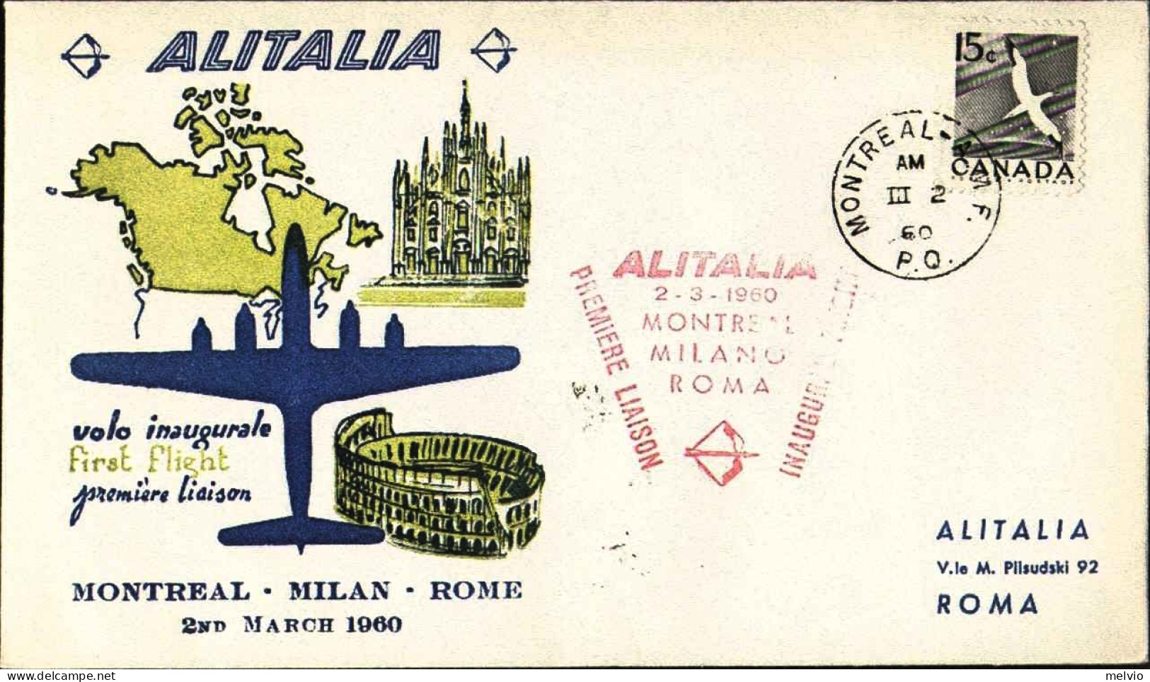 1960-Canada I^volo Alitalia Montreal Milano Roma Del 2 Marzo Su Busta Illustrata - Premiers Vols