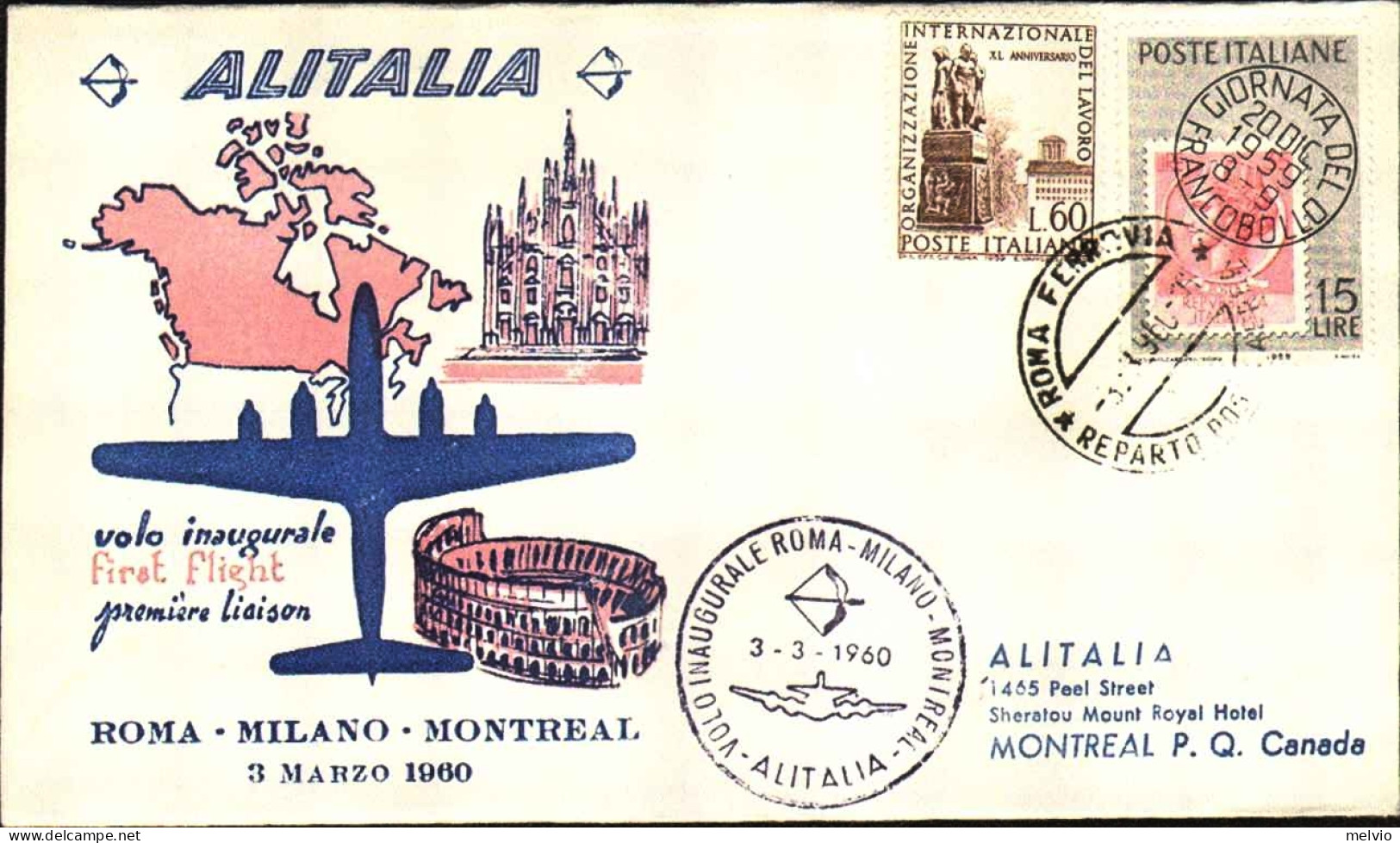 1960-I^volo Alitalia Roma Milano Montreal Del 3 Marzo Su Busta Illustrata Ed Ann - Luftpost