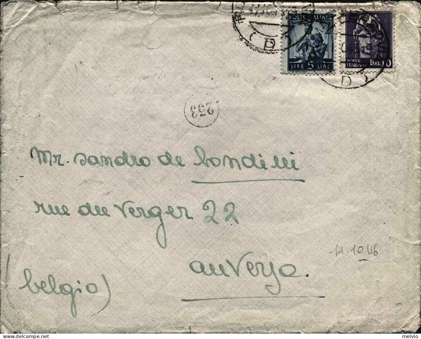 1946-mista Imperiale-Democratica Lettera Per Il Belgio Affr. L.10 Imperiale Senz - 1946-60: Marcophilie