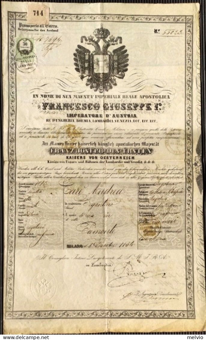 1854-passaporto All'estero Reisenpass Fur Das Ausland, Impero Austriaco Francesc - Documents Historiques