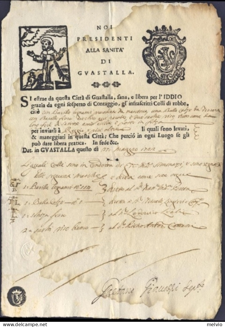 1722-Guastalla Fede Di Sanita' Rilasciata Il 27 Maggio, Sigillo A Secco In Basso - Documentos Históricos