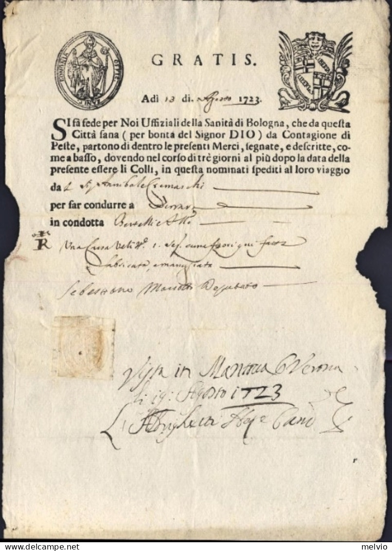 1723-Bologna Fede Di Sanita' Rilasciata Il 13 Agosto Dai Uffiziali Della Sanita' - Historische Documenten
