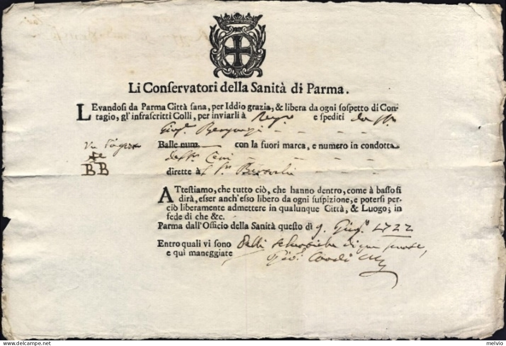 1722-Parma Fede Di Sanita' Rilasciata Il 9 Giugno Dai Conservatori Della Sanita' - Documents Historiques