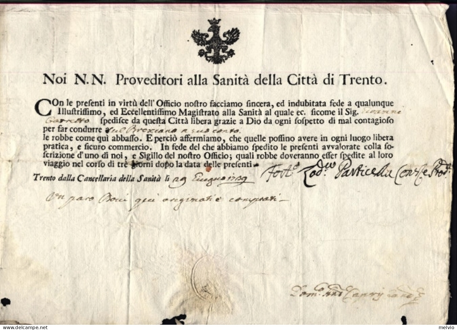 1739-Trento Fede Di Sanita' Rilasciata Il 29 Giugno Dai Proveditori Della Citta' - Documentos Históricos