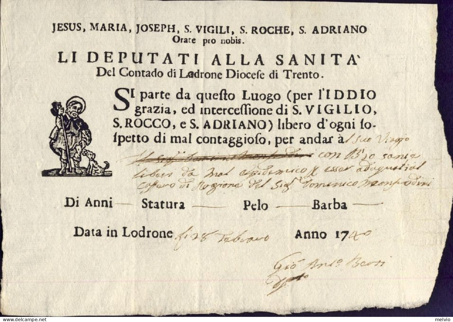 1740-Lodrone Trento Fede Di Sanita' Li Deputati Contrado Di Lodrone Diocesi Di T - Historische Documenten