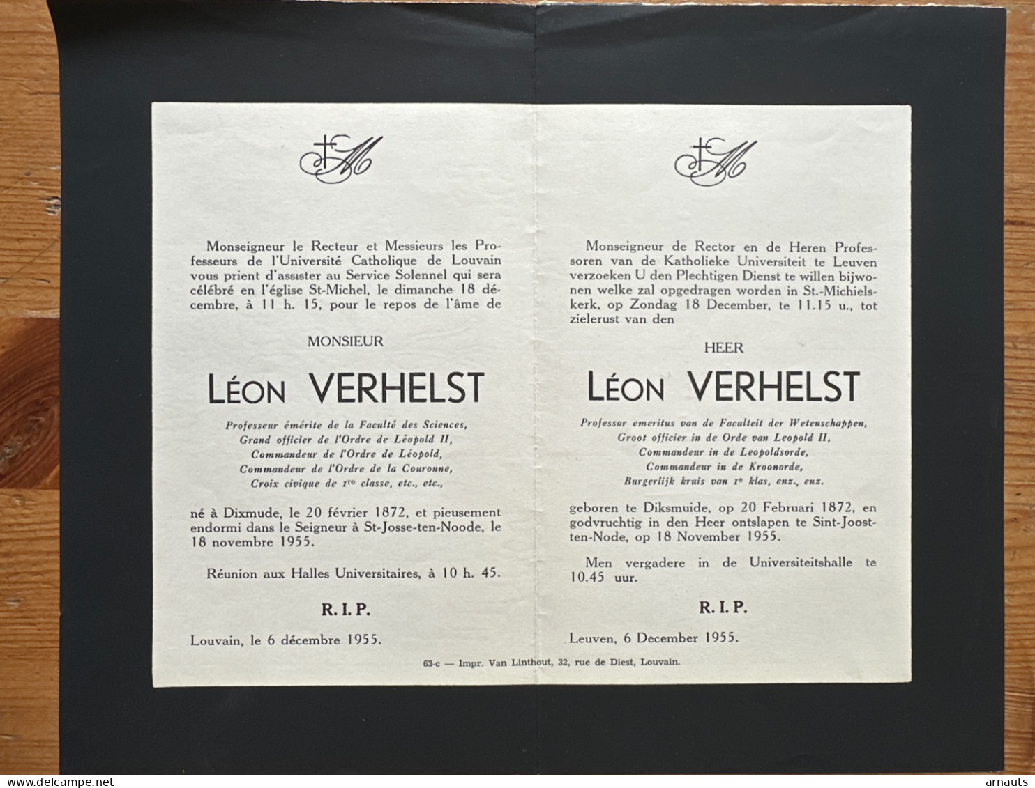 Rector Kath. Univ Leuven KUL U Gebed Monsieur Leon Verhelst *1872 Diksmuide +1955 St.-Josse-ten-Node Prof Wetenschappen - Obituary Notices