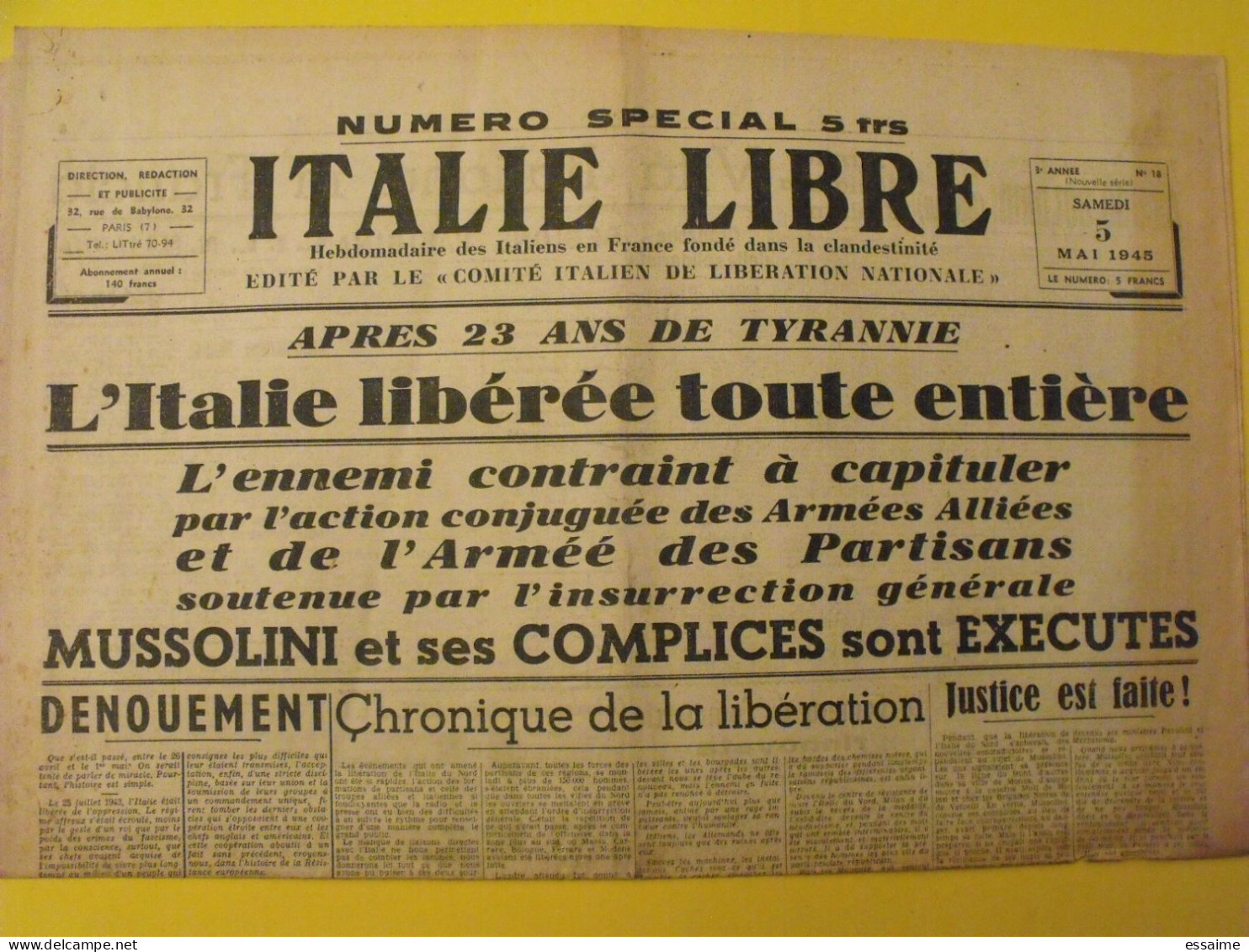 Hebdo Bilingue Italie Libre Italia Libera. Italiens Dans La Clandestinité. N° 18 Du 5 Mai 1945. Mussolini Exécuté. - Guerre 1939-45