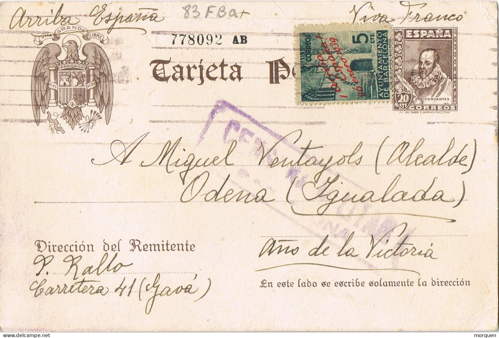 54833. Entero Postal GAVA (Barcelona) 1939. Guerra Civil, CENSURA MILITAR, Sello Recargo Barcelona  22e - 1931-....