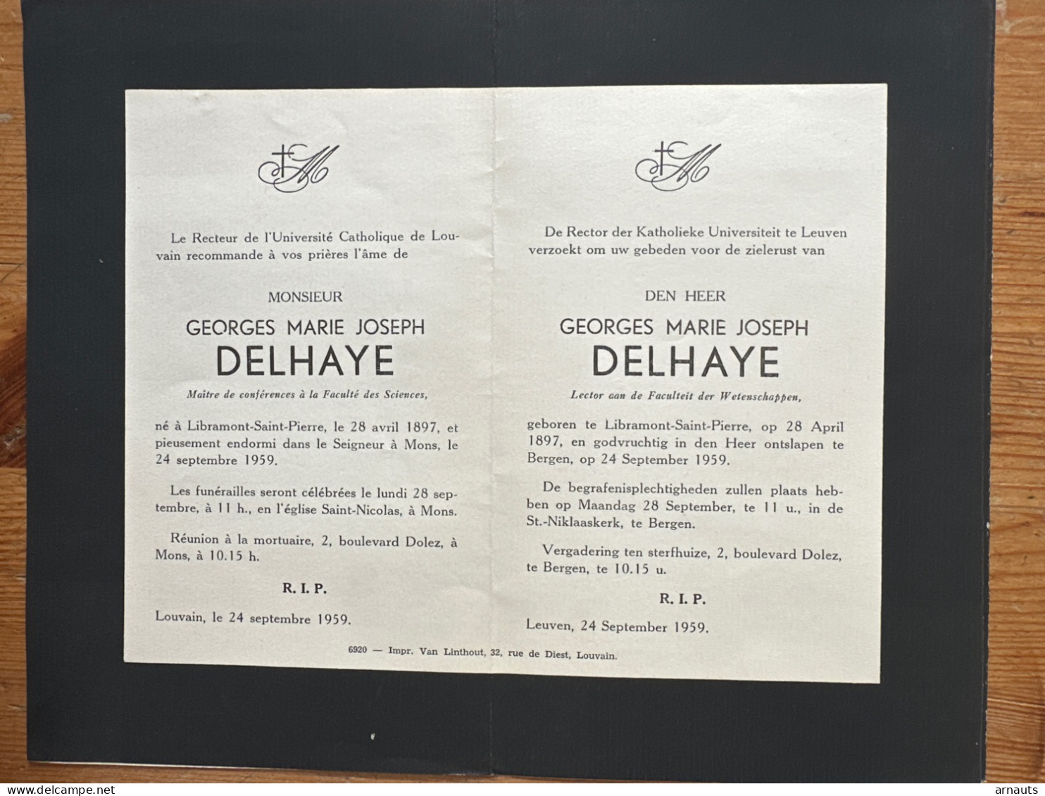 Rector Kath. Univ Leuven KUL U Gebed Monsieur Georges Delhaye *1897 Libramont St Pierre +1959 Mons Lector Fac. Wetenscha - Obituary Notices