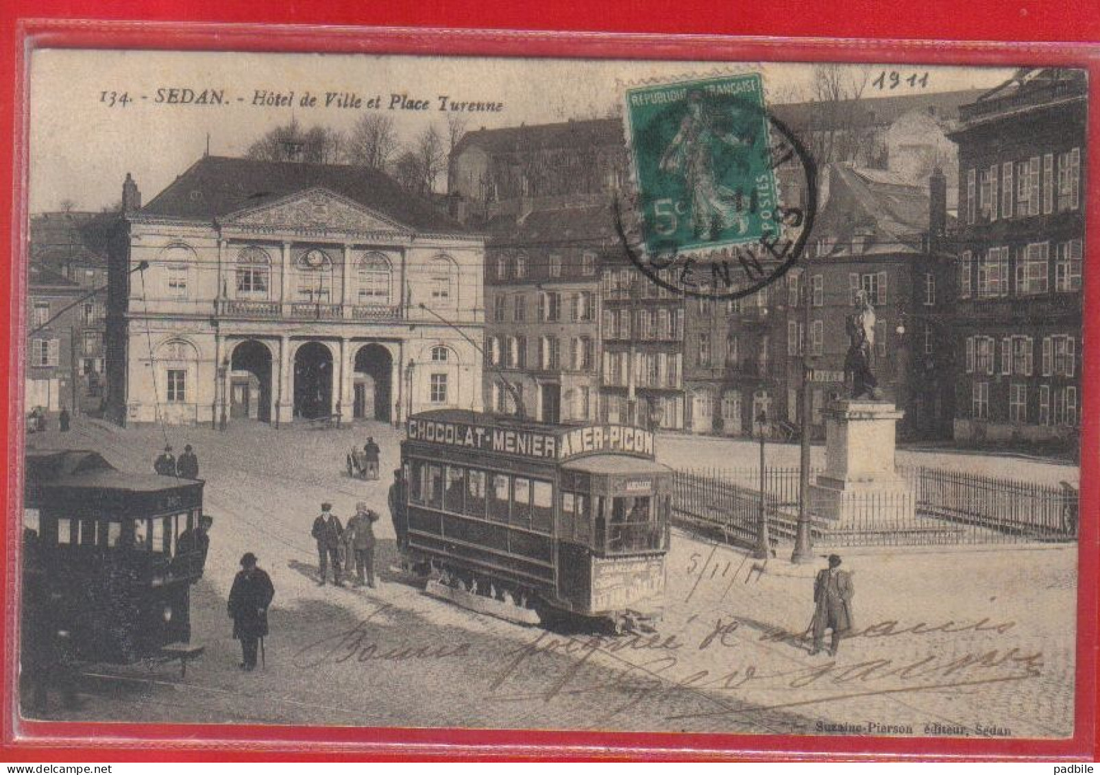 Carte Postale 08. Sedan Hotel De Ville Place Turenne  Tramway   Très Beau Plan - Sedan