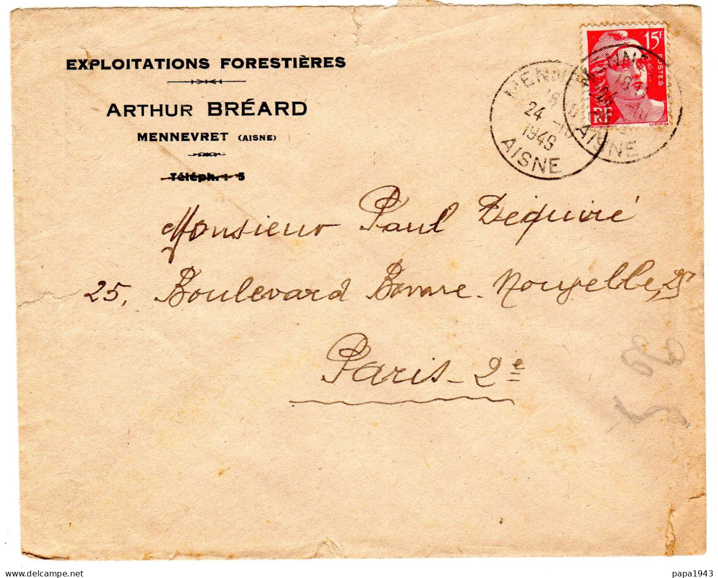 1949  CAD  MENEVRET  " Arthur BREARD  Exploitations Forestieres " - Covers & Documents