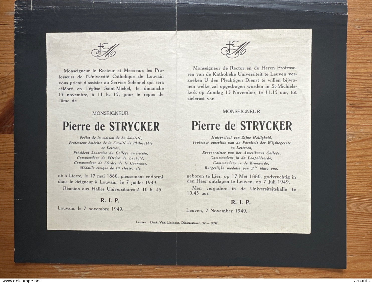 Rector Kath. Univ Leuven KUL U Gebed MONSEIGNEUR Pierre De Strycker *1880 Lier +1949 Huisprelaat Zijne Heiligheid Prof - Obituary Notices