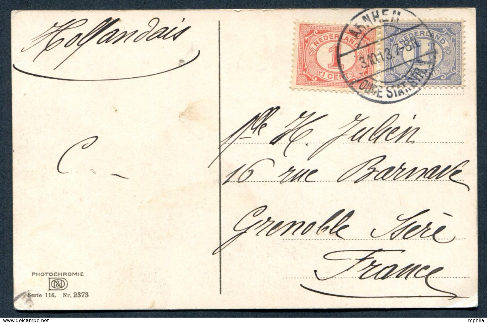 RC 27459 PAYS-BAS 1913 - ARNHEM CARTE POSTALE POUR LA FRANCE - Briefe U. Dokumente