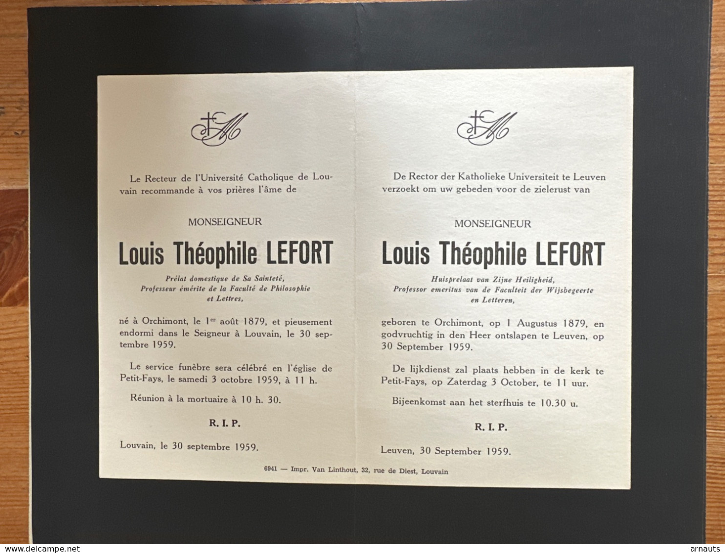 Rector Kath. Univ Leuven KUL U Gebed Monseigneur Louis Theophile Leflort *1879 Orchimont +1959 Louvain Petit-Fays Prelat - Todesanzeige