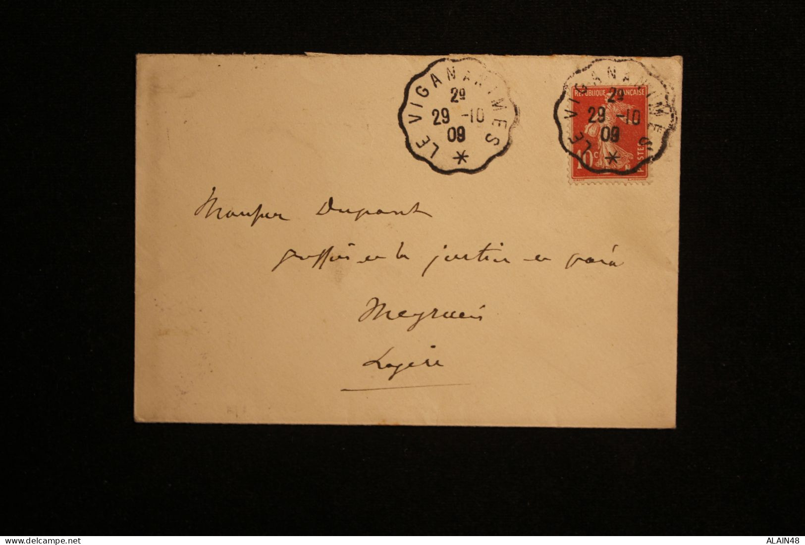 FRANCE LETTRE LE VIGAN POUR MEYRUEIS  AVEC N°138 SEMEUSE DU 29.10.1909 AVEC 3 CACHETS AMBULANTS + 2 CACHETS A DATE - Lettres & Documents