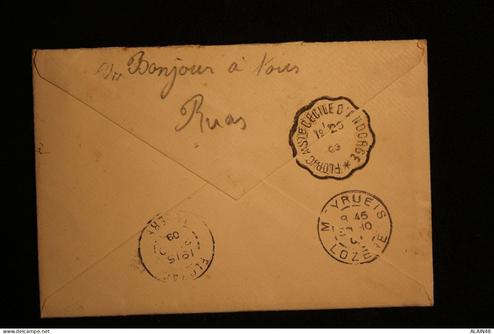 FRANCE LETTRE LE VIGAN POUR MEYRUEIS  AVEC N°138 SEMEUSE DU 29.10.1909 AVEC 3 CACHETS AMBULANTS + 2 CACHETS A DATE - Lettres & Documents