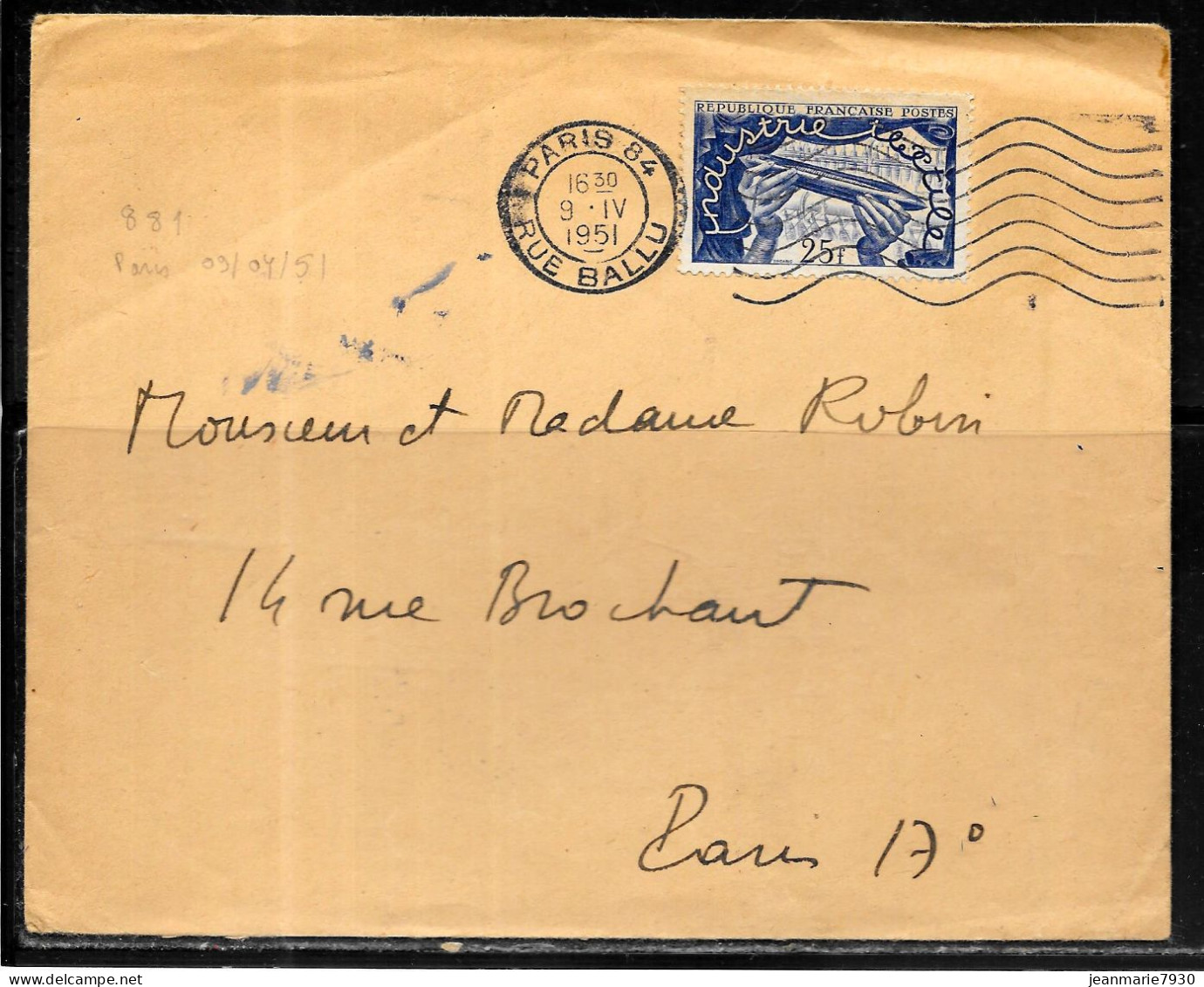 F277 - SEUL SUR LETTRE - N° 881 SUR LETTRE DE PARIS 84 DU 09/04/51 - 1er JOUR D'UTILISATION - 1921-1960: Moderne