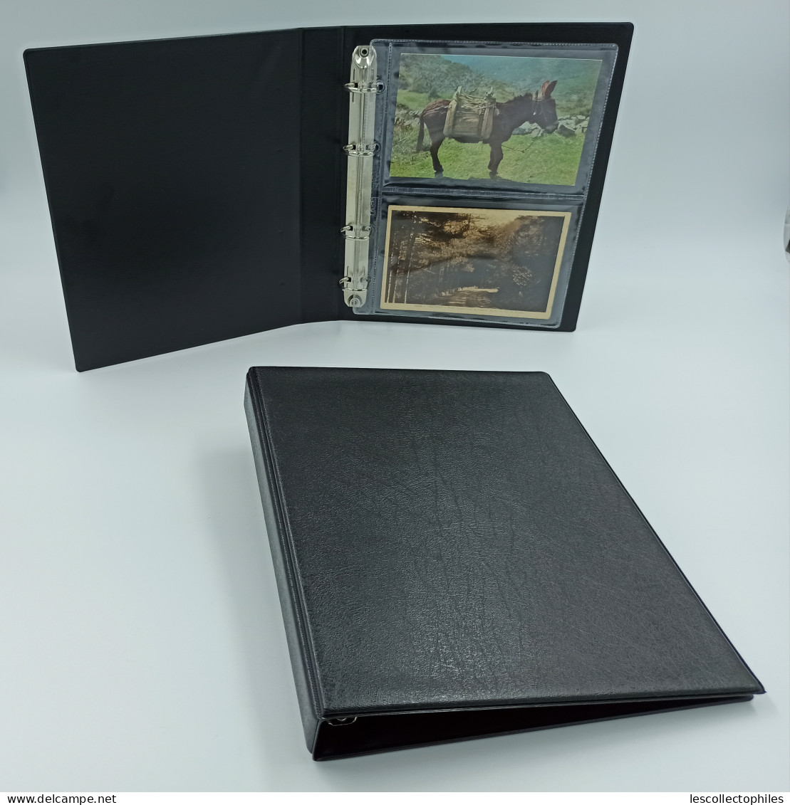 LOT CLASSEUR ALBUM FORMAT MIGNON NOIR + 25 FEUILLES POUR RANGER 50 OU 100 CPA - Non-classés