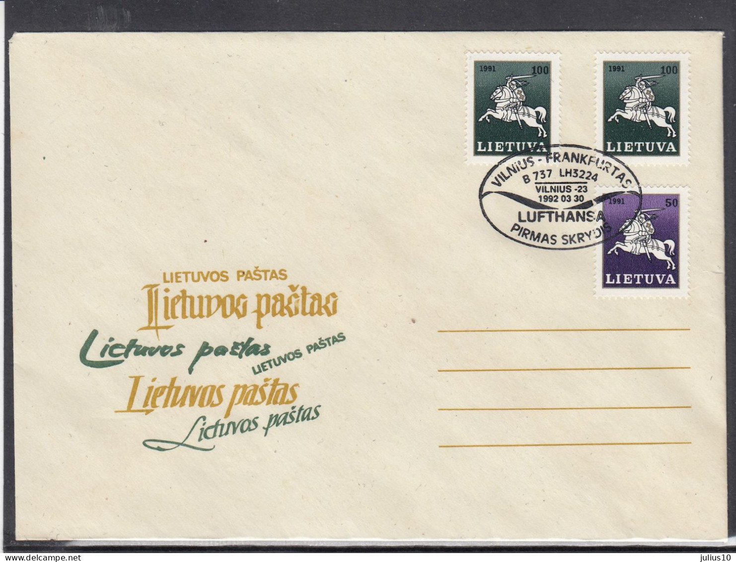 LITHUANIA 1992 Cover Special Cancel First Fly Lufthansa Vilnius-Frankfurt #LTV246 - Lithuania