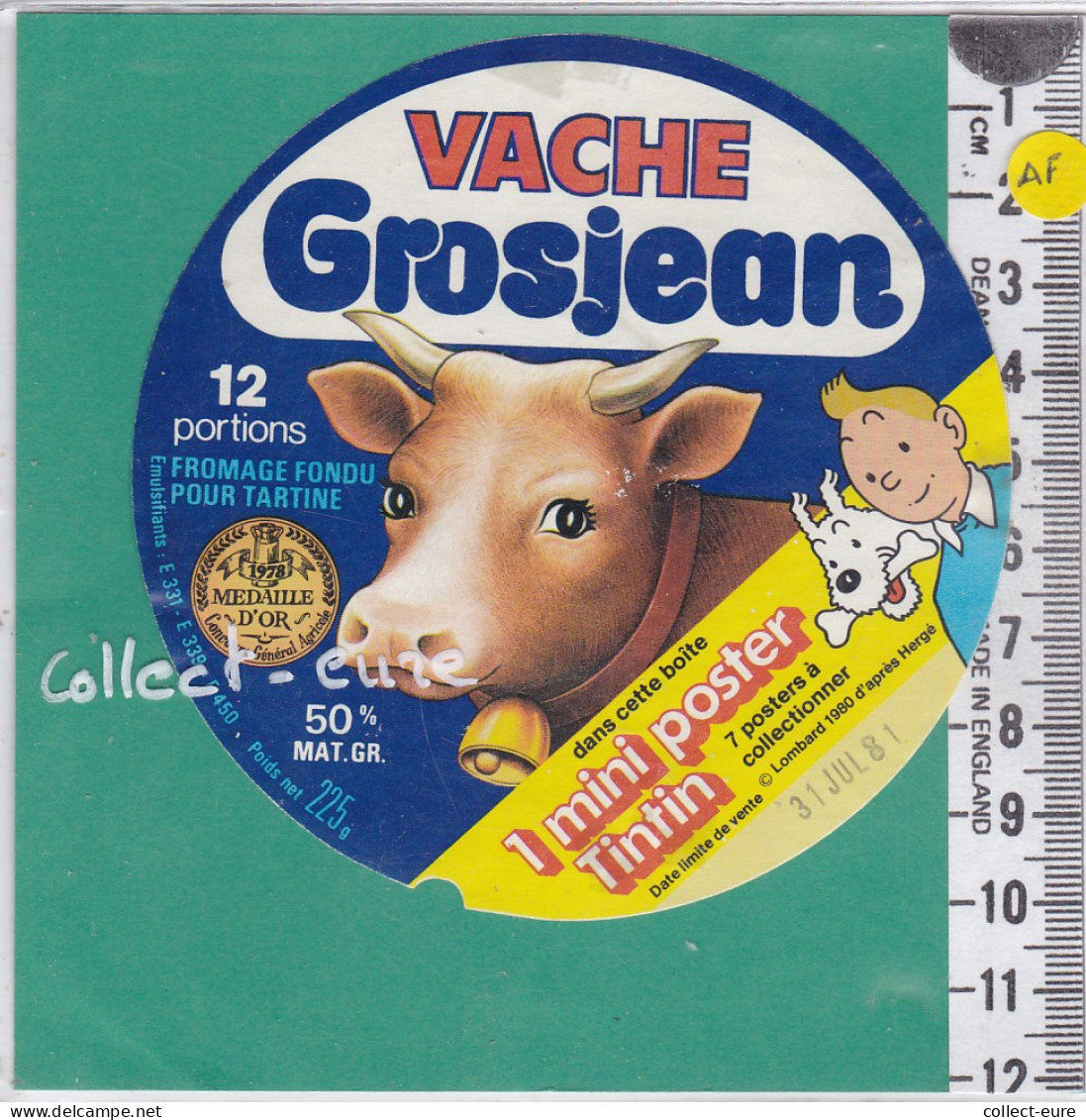 C1108 FROMAGE FONDU VACHE GROSJEAN 12 PORTIONS TINTIN MILOU 225 Gr  HERGE  LOMBARD 1981 - Cheese