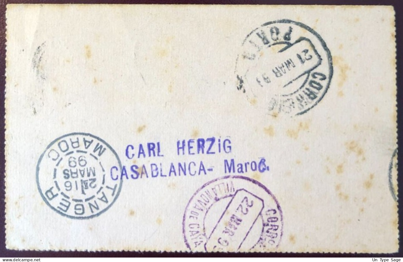 Maroc, Entier Carte-lettre Surchargé De Casablanca 13.3.1899 Pour Le Portugal - 2 Photos - (W1458) - Storia Postale