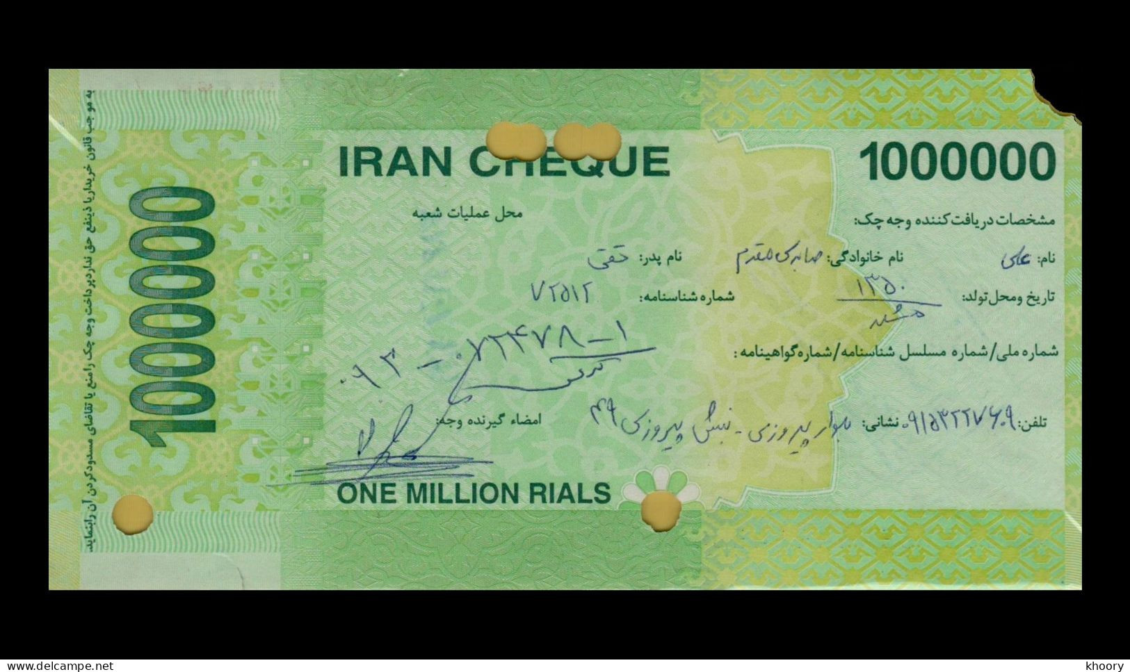 Iran Cheque (Melli Bank) 1.000.000 (UNC-) P-NEW  [Very Rare !!] - Irán