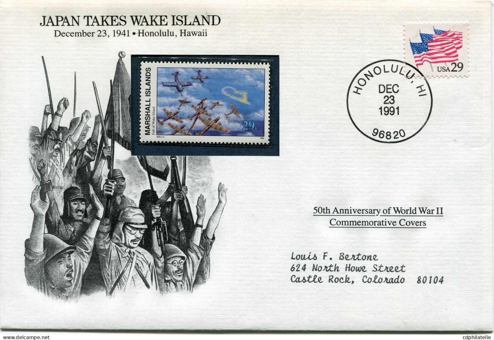 ENVELOPPE ILLUSTREE " 50th ANNIVERSARY OF WORLD WAR II " JAPAN TAKES WAKE ISLAND DECEMBER 23 1941 HONOLULU HAWAI - 2. Weltkrieg