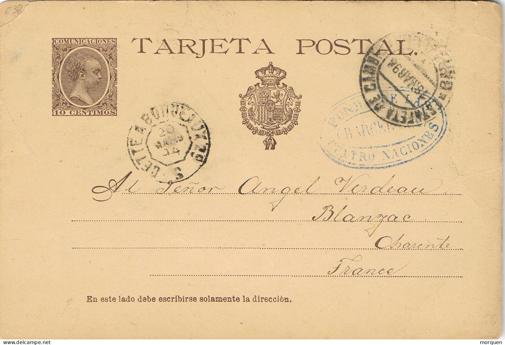 54834. Entero Postal BARCELONA 1894. Alfonso XIII Pelon. Estafeta De CAMBIO A Francia, VARIEDAD Num 27cc - 1850-1931