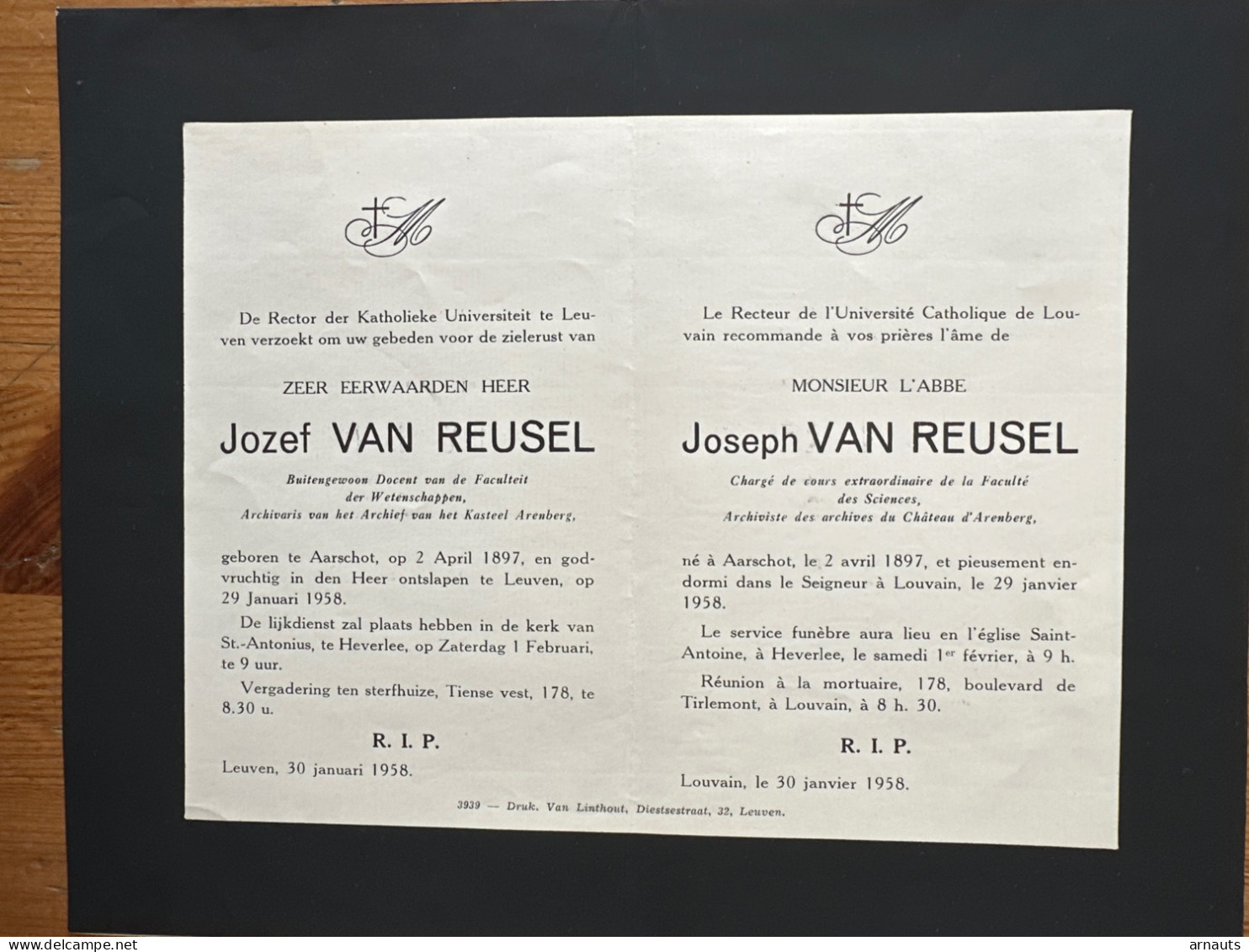 Rector Kath. Univ Leuven KUL NAMIS  Eerw. Heer Van Reusel Jozef *1897 Aarschot +1958 Leuven Docent Fac. Wetenschappen - Obituary Notices