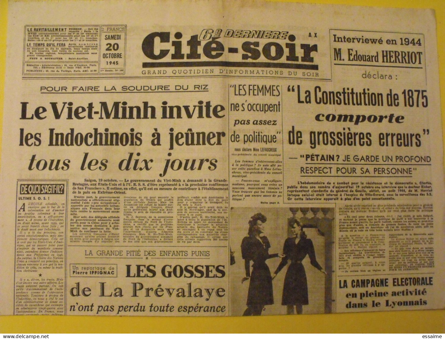 Cité-Soir  N° 108 Du 20 Octobre 1945. Viet-Minh Indochine Herriot Truman Boxe Alsaciens Déportés Lefaucheux - War 1939-45