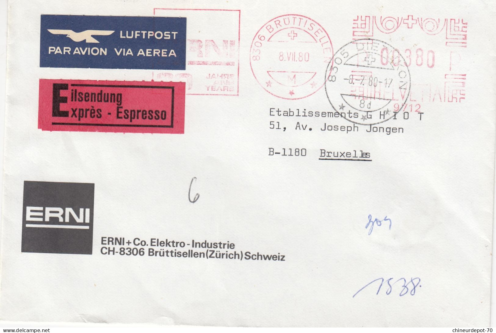 Expres Luftpost Par Avion Elektro Industrie Bruttisellen - Covers & Documents