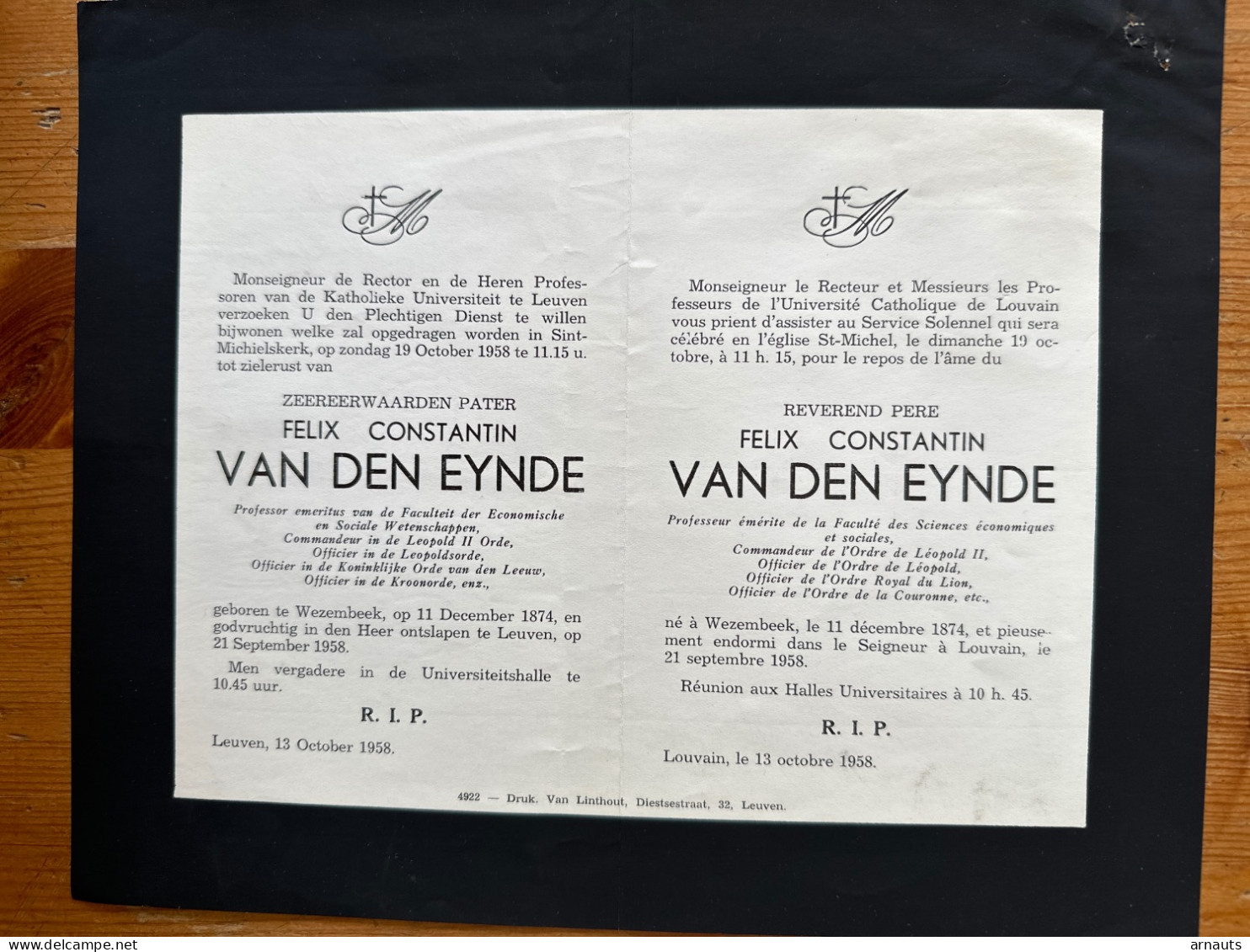 Rector Kath. Univ Leuven KUL NAMIS  Eerw. Heer Felix Van Den Eynde *1874 Wezembeek +1958 Leuven Heverlee Prof Fac. Econ - Todesanzeige