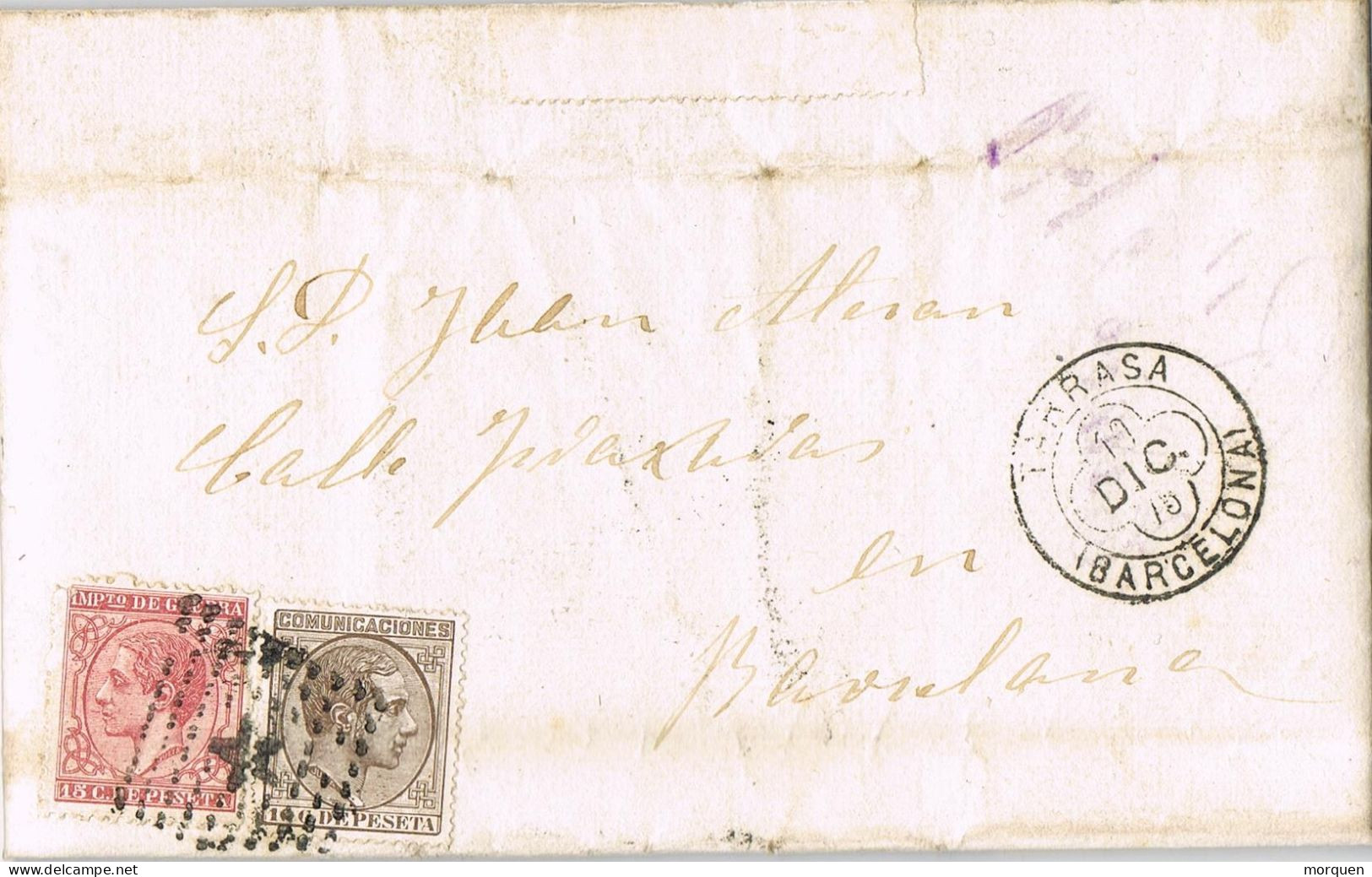 54835. Carta Entera ULLASTRELL (Barcelona) 1879. Fechador Trebol De Tarrasa. Alfonso XII E Impuesto Guerra - Covers & Documents