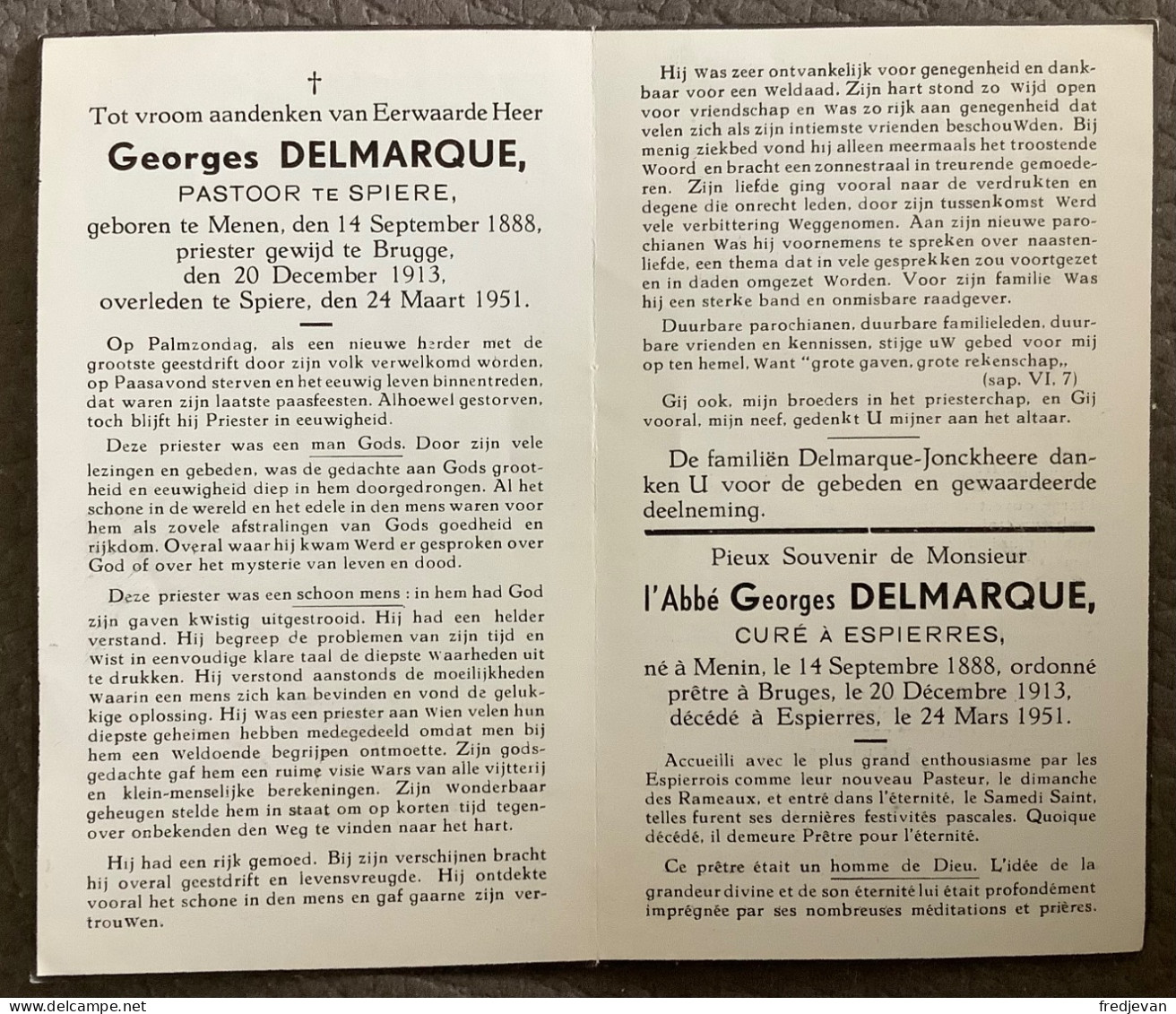 Georges Delmarque - Pastoor Te SPIERE - Menen 1888 / 1951 - Devotieprenten