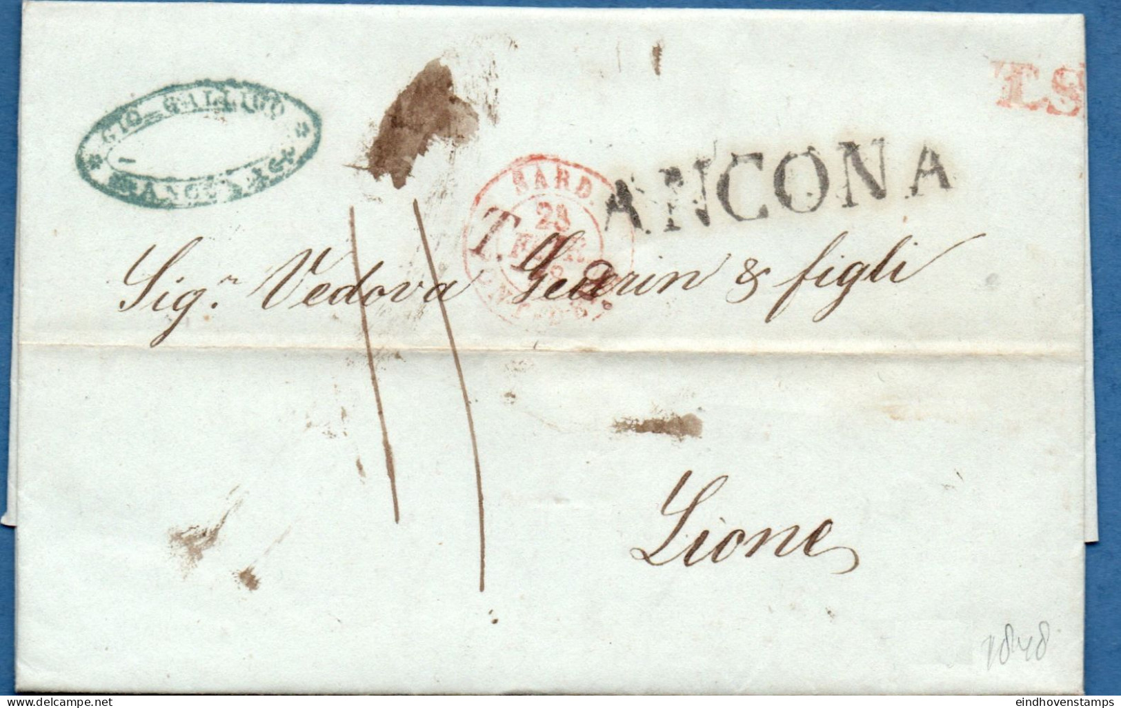 Italia Ancona 1848, 14 Febr, Full Letter IMP, T.I.2 & T.S. By French Sardinian Antibes To Lyon, Papal State - ...-1850 Voorfilatelie