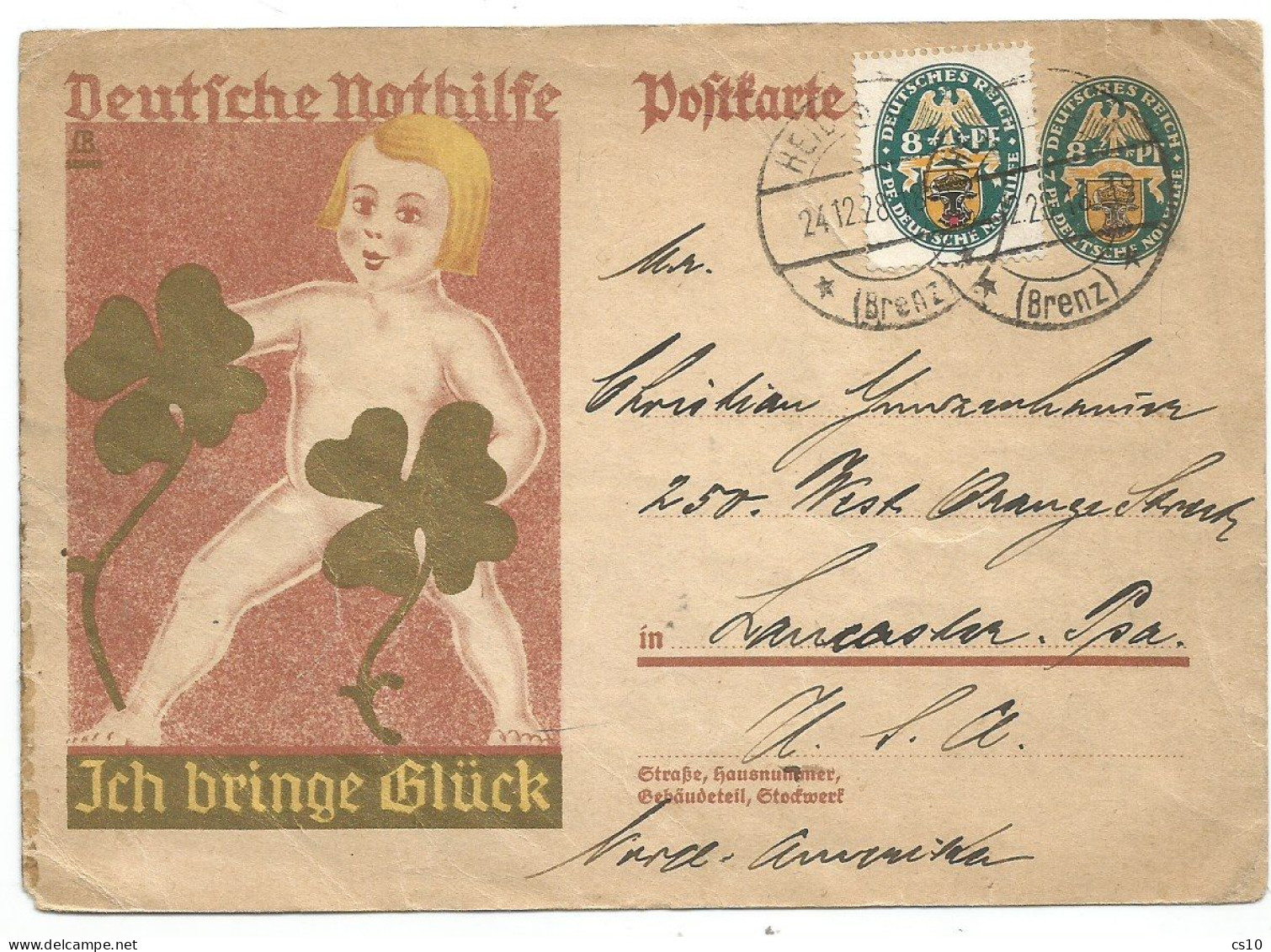 Germany INFLA Nothilfe 1928 Stationery Pf8 + The SCARCE Regular TWIN Pf8 RIGHT WMK See Scan Heidenheim 24dec1928 X USA - Gebraucht