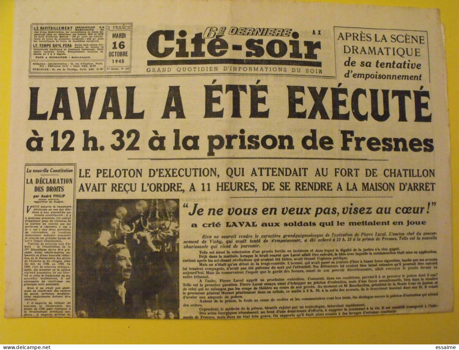 Cité-Soir  N° 104 Du 16 Octobre 1945. Laval A été Exécuté. Tanguy-Prigent Baden-Baden Boxe Villemain - Guerre 1939-45