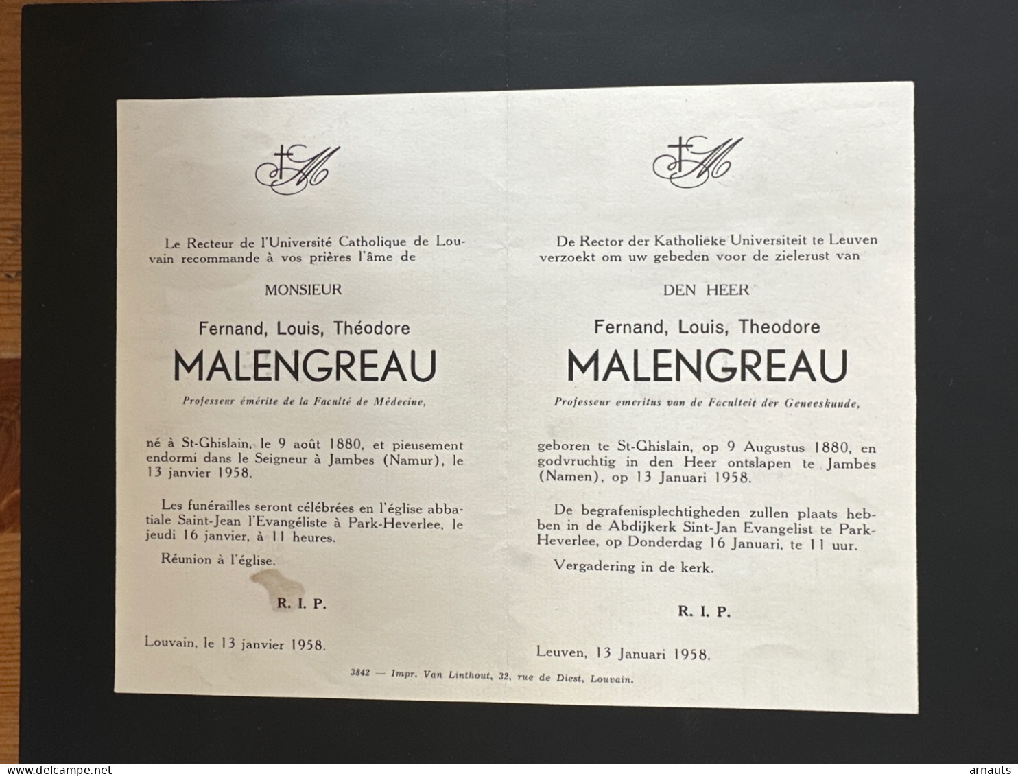 Rector Kath. Univ Leuven KUL U Gebed Monsieur Fernand Malengreau *1880 St.-Ghislain +1958 Jambes Namur Prof Fac. Geneesk - Obituary Notices