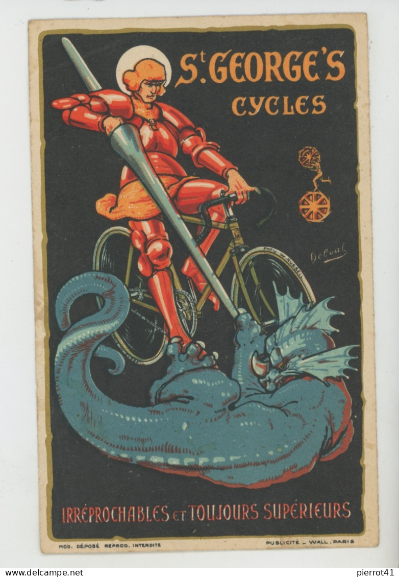PUBLICITE - Jolie Carte PUB Chevalier En Armure Sur Bicyclette PUB Pour SAINT GEORGE'S CYCLES  Signée DELVAL - Pubblicitari