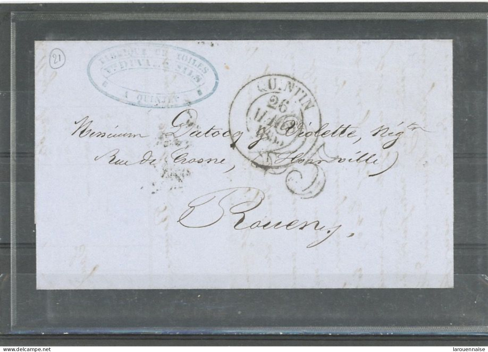 21 -QUINTIN - LAC EN PORT DÛ POUR ROUEN -CàD TYPE 13 -26 MARS 1853 + TAXE DOUBLE TRAIT 25 - - 1849-1876: Klassik