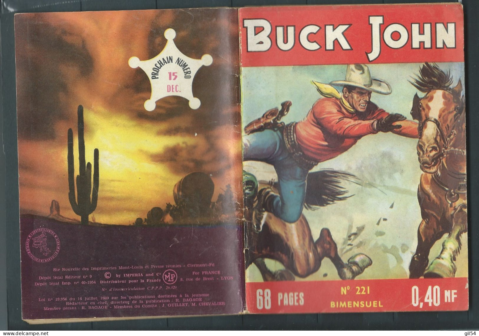 Bd " Buck John   " Bimensuel N° 221 "  Menace Sur Alkali-city      , DL  N° 40  1954 - BE-   BUC 0404 - Petit Format